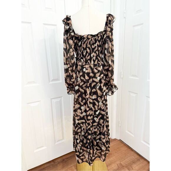 Moon River Womens Black Beige Print Smocked Midi Dress Small - Picture 4 of 6